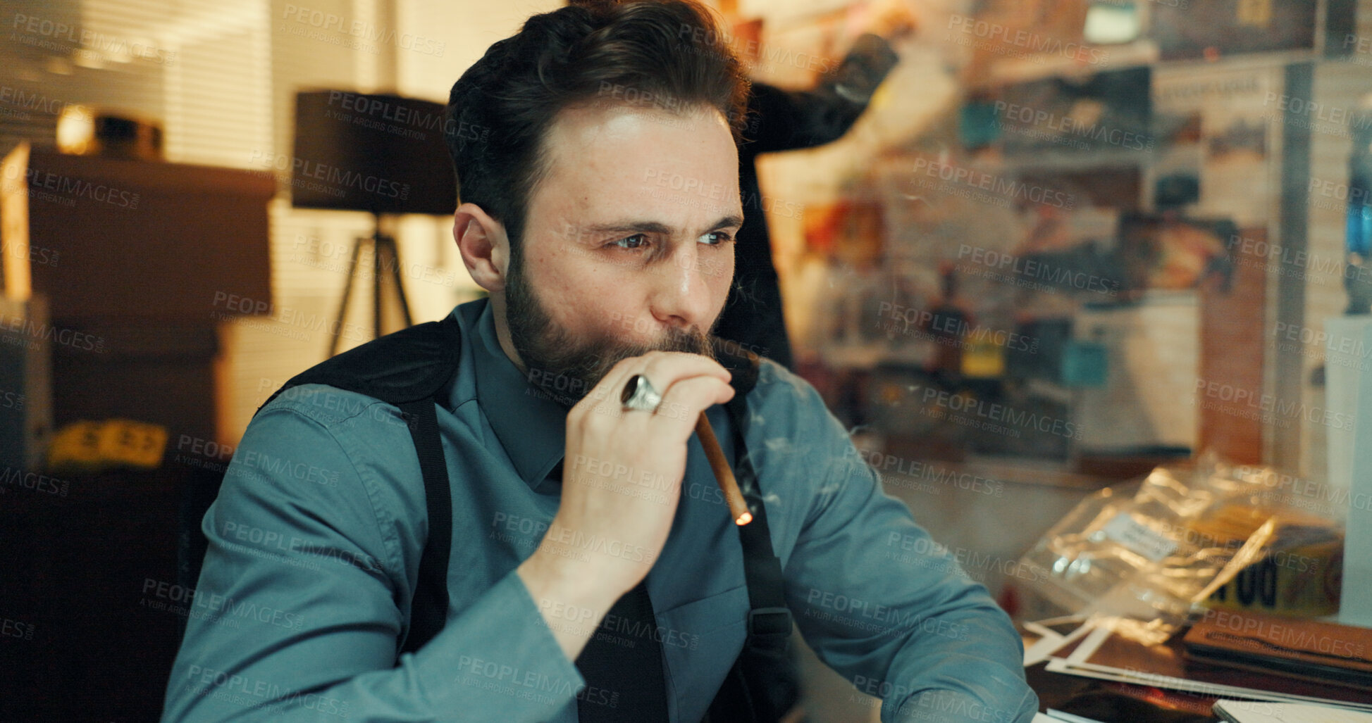 Buy stock photo Thinking, cigar and detective in office with smoking for research on case with problem solving. Security, night and male private investigator with surveillance, justice and evidence investigation