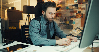 Buy stock photo Man, computer and detective with research at desk for case, search for lead or problem solving. Criminal investigation, check surveillance footage online or crime analysis with typing at night