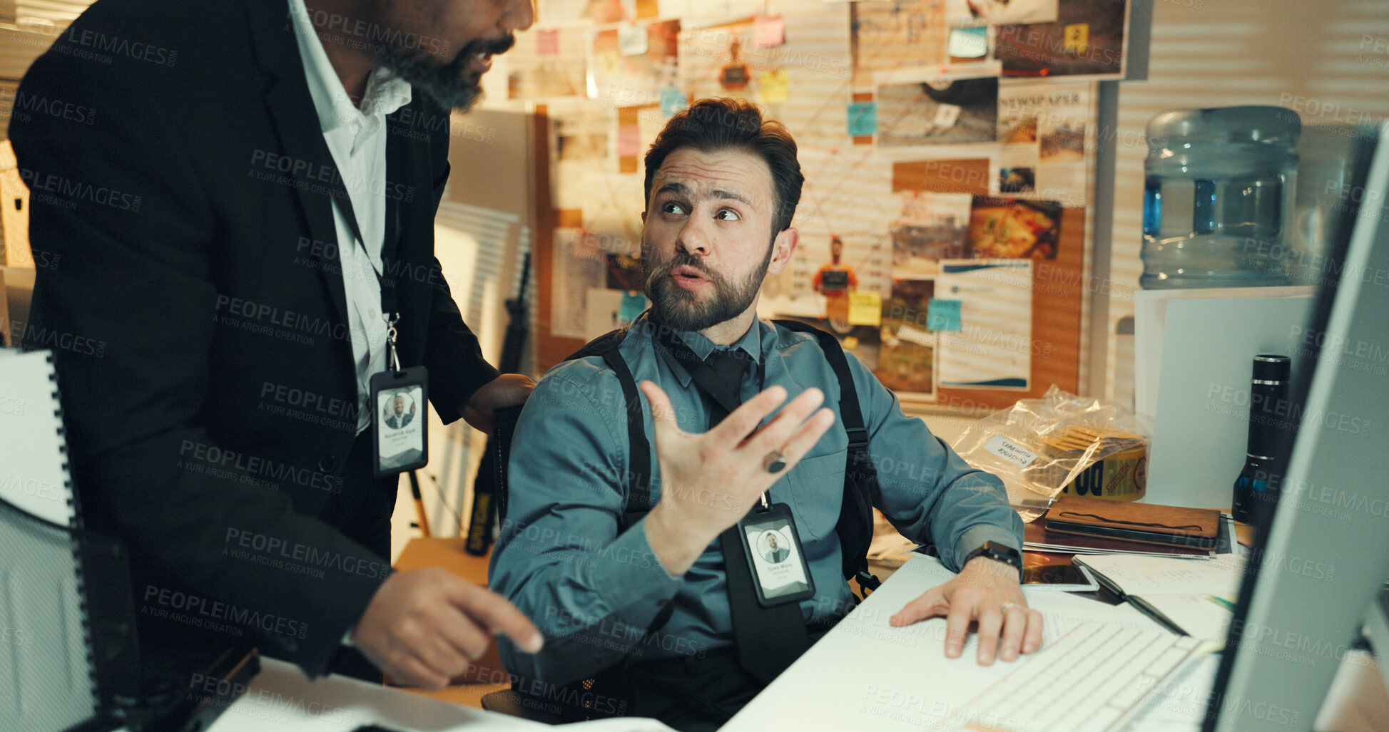 Buy stock photo Computer, conversation and night with detective people in office together for crime investigation. Discussion, evidence and police team with partner men at work for evening collaboration on case