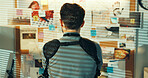 Detective, man or board with evidence in office for investigation, track suspect or clue mapping. Crime mystery, back of officer and case timeline for info review, criminal leads and problem solving
