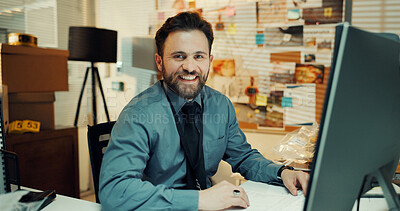 Buy stock photo Computer, portrait and smile of detective man in office at night for case or criminal justice. Evidence, internet and investigation with happy police officer at desk for review of crime information