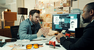 Buy stock photo Man, collaboration and investigation with fingerprints for crime scene, evidence screen or trace of suspect. People, officer or detective with teamwork for police work, DNA sample or killer results