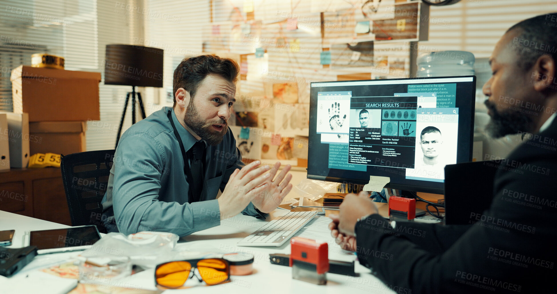 Buy stock photo Man, collaboration and investigation with fingerprints for crime scene, evidence screen or trace of suspect. People, officer or detective with teamwork for police work, DNA sample or killer results