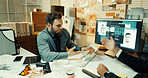 Computer screen, collaboration and investigation with detective people in office at night. Conversation, evidence and photograph with police team at desk in workplace for evening review of clues