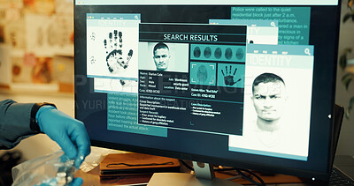 Buy stock photo Computer screen, suspect or hands of detective with evidence for crime, DNA lead or investigation. Private investigator, person or criminal profile for digital forensics, arson or database comparison