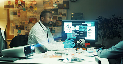 Buy stock photo Man, projector and investigation with fingerprints for crime scene, evidence screen or trace of suspect. People, officer or detective with collaboration for police work, DNA sample or killer results