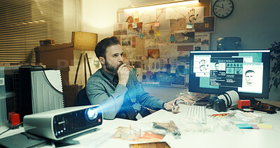 Buy stock photo Computer screen, projector and smoking with detective man in office at night for case or justice. Cigar, investigation and thinking with police officer in workplace for crime or problem solving