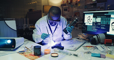 Buy stock photo Investigation, forensic analysis and brush knife with uv light, dust and fingerprint evidence. Police inspection, murder weapon and gun exam or black person with proof for criminal identity in lab