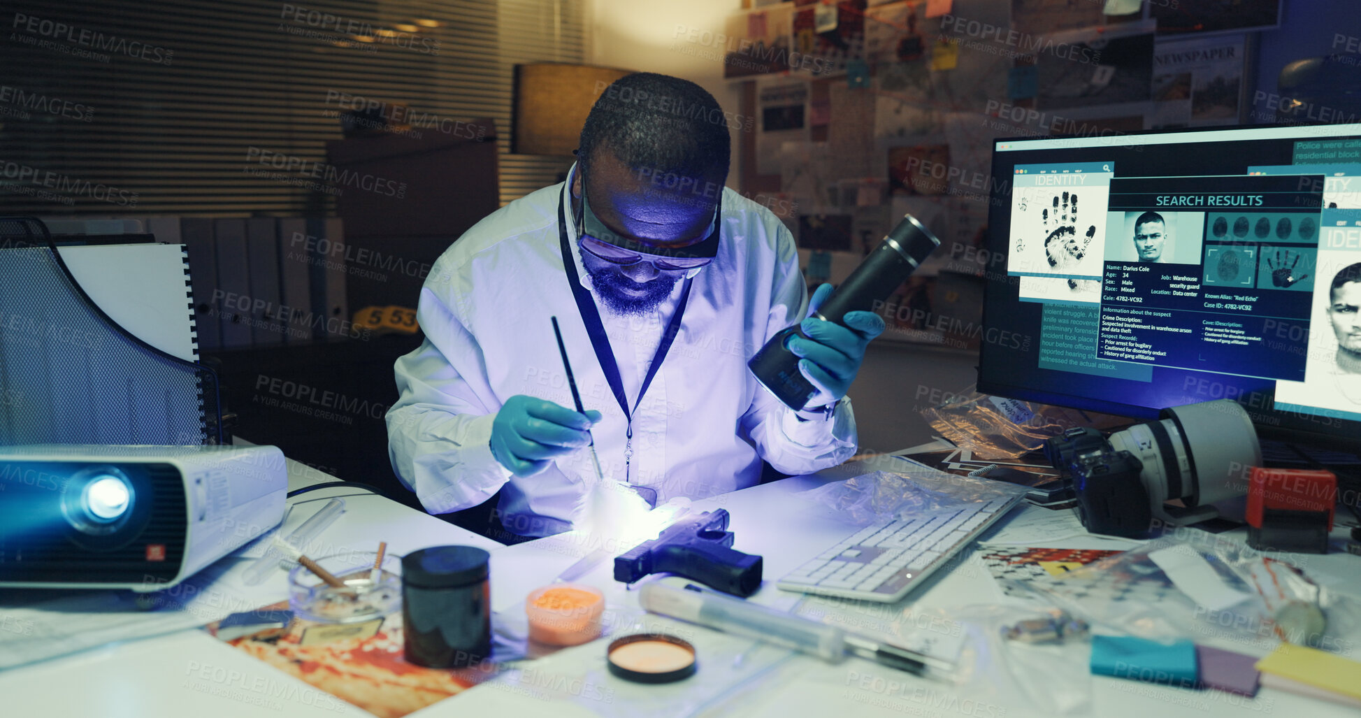 Buy stock photo Investigation, forensic analysis and brush knife with uv light, dust and fingerprint evidence. Police inspection, murder weapon and gun exam or black person with proof for criminal identity in lab