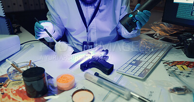 Buy stock photo Hands, forensic analysis and scientist with gun, uv light and brush for fingerprint evidence. Police examination, murder weapon and firearm inspection or person dust knife for proof in laboratory
