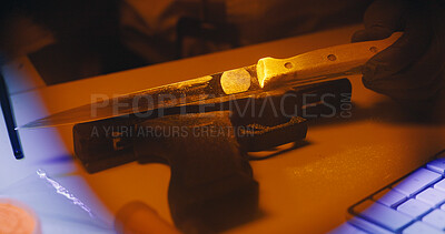 Buy stock photo Person, detective and knife for evidence in office with forensic analysis, fingerprint and identity. Police, weapon and DNA testing for suspect proof, homicide investigation and lead with murder case