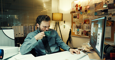 Buy stock photo Coffee, computer screen and investigation with police man in office at night for case or justice. Drink, evidence and thinking with detective at desk in workplace for review of crime search clues