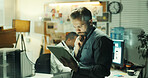 Thinking, detective or man with tablet for investigation, insight or review leads in office at night. Tech, police officer and planning with evidence for crime, clues or problem solving on deadline