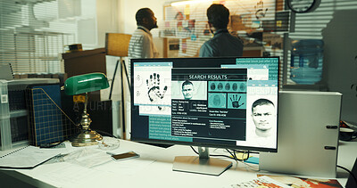 Buy stock photo Crime investigation, computer screen or criminal profile for evidence, case report or modus operandi. Detectives, PC display and suspect info in office for digital forensics, arson analysis and leads