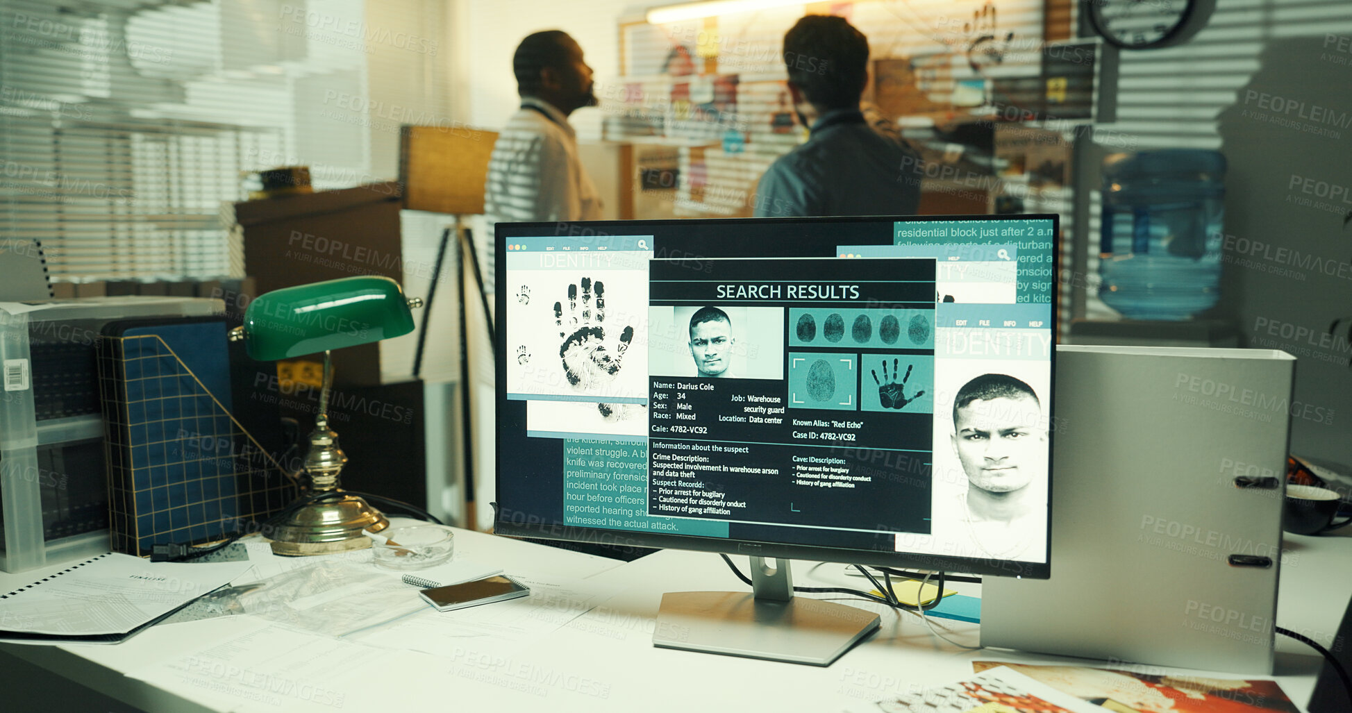 Buy stock photo Crime investigation, computer screen or criminal profile for evidence, case report or modus operandi. Detectives, PC display and suspect info in office for digital forensics, arson analysis and leads
