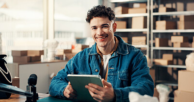 Buy stock photo Portrait, supply chain and tablet with man in office for delivery, ecommerce or shipping. App, boxes and smile of happy person at distribution desk in logistics workshop for export or import