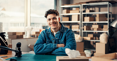 Buy stock photo Arms crossed, portrait and supply chain with man in office for delivery, ecommerce or shipping. Boxes, logistics and smile of happy person at desk in distribution workspace for export or import