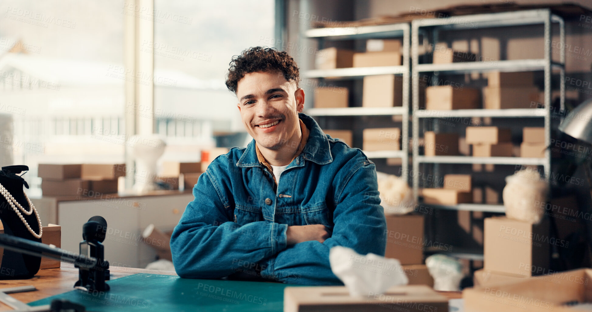Buy stock photo Arms crossed, portrait and supply chain with man in office for delivery, ecommerce or shipping. Boxes, logistics and smile of happy person at desk in distribution workspace for export or import