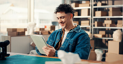 Buy stock photo Tablet, smile and man in office for logistics, inventory management or reading online review. Technology, distributor and app for shipping in small business, supply chain update and happy for sale