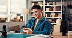 Happy, phone and man in office with boxes for confirmation with online order, ecommerce or contact. Smile, technology and male entrepreneur with cellphone for shipping details on package in workplace