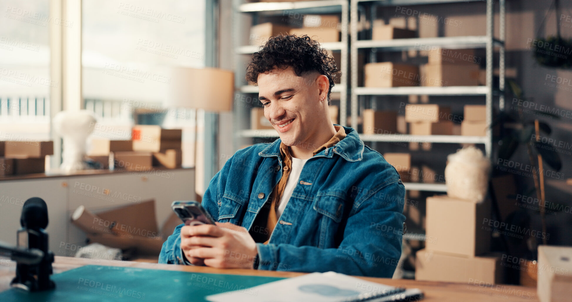 Buy stock photo Happy, phone and man in office with boxes for confirmation with online order, ecommerce or contact. Smile, technology and male entrepreneur with cellphone for shipping details on package in workplace