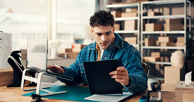 Buy stock photo Logistics document, laptop and man in office for ecommerce, procurement or distribution. Computer, shipping distributor and paperwork for inventory, stock checklist or supply chain in small business