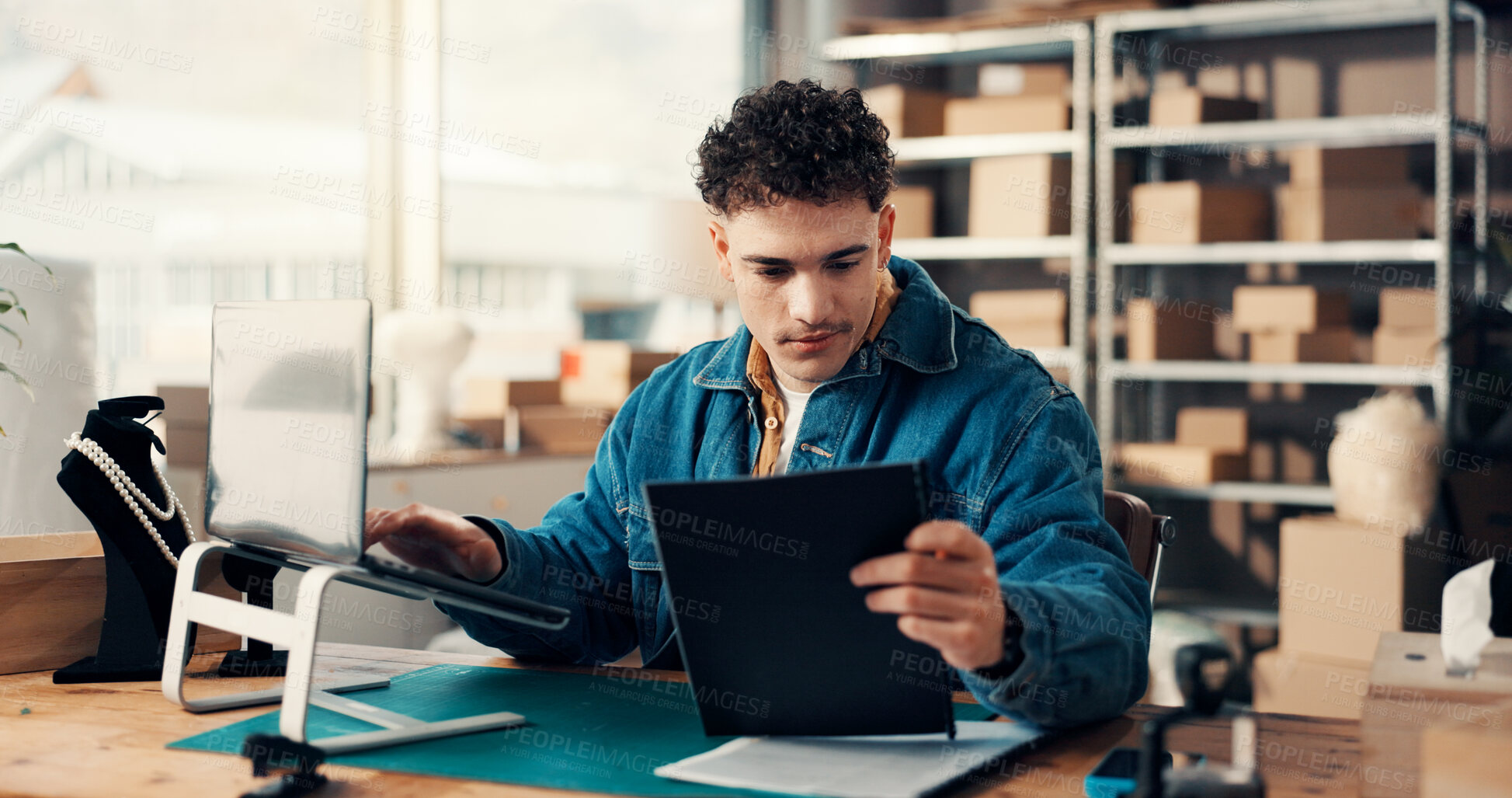 Buy stock photo Logistics document, laptop and man in office for ecommerce, procurement or distribution. Computer, shipping distributor and paperwork for inventory, stock checklist or supply chain in small business