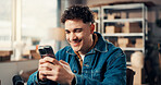 Happy, cellphone and man in office with boxes for confirmation with online order, ecommerce or contact. Smile, technology and male entrepreneur with phone for shipping details on package in workplace