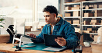 Shipping document, laptop and man in office for ecommerce, procurement or distribution. Computer, logistics distributor and paperwork for inventory checklist, stock or supply chain in small business