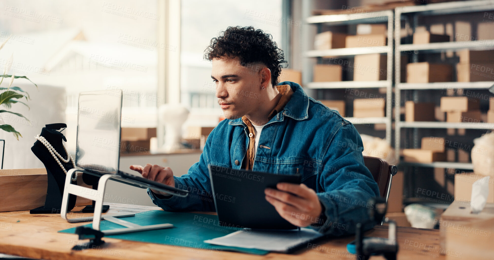 Buy stock photo Shipping document, laptop and man in office for ecommerce, procurement or distribution. Computer, logistics distributor and paperwork for inventory checklist, stock or supply chain in small business