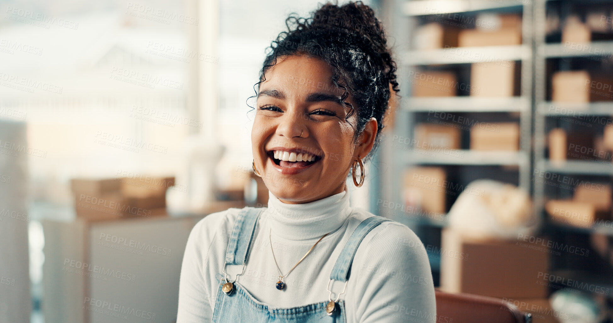 Buy stock photo Laughing, portrait and supply chain with woman in office for delivery, ecommerce or shipping. Boxes, business and logistics with funny person at desk in distribution workspace for export or import