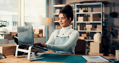 Buy stock photo Shipping, laptop and happy woman typing in office for ecommerce, procurement email or distribution. Computer, logistics distributor or online for order update, stock or supply chain in small business
