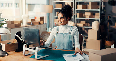 Buy stock photo Happy, woman and reading on laptop for distribution checklist, courier update and supply chain. Small business, pc and female person with delivery document, inventory management and schedule shipping