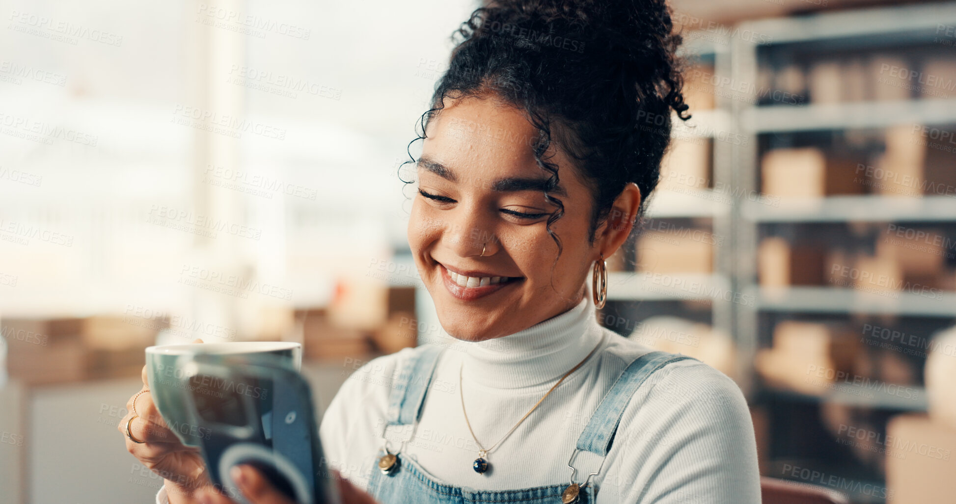 Buy stock photo Happy, phone and woman in office with boxes for confirmation with online order, ecommerce or contact. Smile, technology and female entrepreneur with cellphone for shipping on package in workplace.