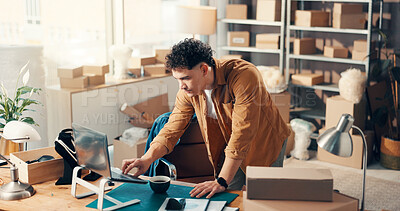 Buy stock photo Logistics, laptop and man in office for ecommerce, procurement email or jewelry distribution. Computer, shipping distributor or online for order update, stock and supply chain in small business