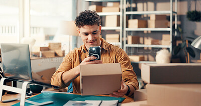 Buy stock photo Box, logistics and phone picture with man in office for barcode scanning or parcel tracking. Inventory, photograph and supply chain with employee at desk for delivery, distribution or ecommerce