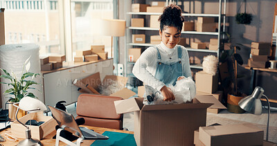 Buy stock photo Box, packing and supply chain with woman in office for small business delivery or distribution. Ecommerce, logistics and package with startup employee in workshop for commercial shipping service