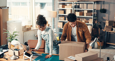 Buy stock photo Inventory, laptop and small business team with packaging for online order, cargo shipping and sale. Logistics startup, people and tech in office with parcel sealing, package distribution and delivery