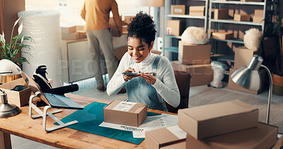 Buy stock photo Box, phone and supply chain with woman in distribution office for inventory or parcel tracking. Barcode scanning, logistics and photograph with employee at desk for delivery, ecommerce or shipping