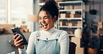 Logistics, excited and woman with phone for success, good news and positive feedback. Mobile, office and win for ecommerce, order confirmation and laugh with delivery notification with sales target