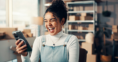 Buy stock photo Logistics, excited and woman with phone for success, good news and positive feedback. Mobile, office and win for ecommerce, order confirmation and laugh with delivery notification with sales target