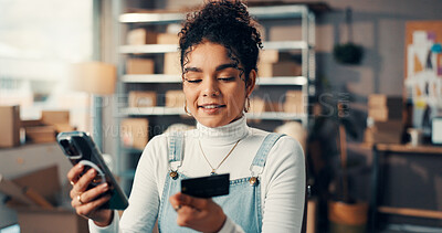 Buy stock photo Credit card, phone and woman in office with boxes for online order, ecommerce or shopping. Happy, debit and female entrepreneur with cellphone for internet banking with payment on mobile app.