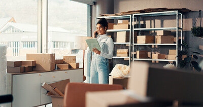 Buy stock photo Tablet, phone call and woman in office with boxes for online order, ecommerce or communication. Digital technology, cellphone and female entrepreneur on mobile discussion with packages for delivery.