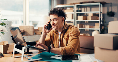 Buy stock photo Phone call, man and laptop for logistics, small business or happy for order on website or ecommerce. Entrepreneur, talking and communication with contact for distribution, shipping and online shop