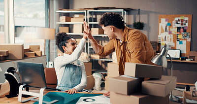 Buy stock photo Team, people and high five for shipping success, laptop for review or feedback with supply chain win. Support, boxes and partners at warehouse for courier with gesture for ecommerce sales achievement