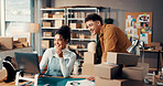 Happy, fashion and logistics team with laptop in office for online order, client feedback or sales. Small business, boxes and people with tech for delivery tracking, inventory management and shipping
