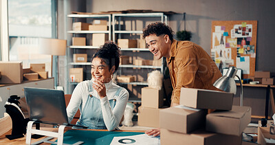Buy stock photo Happy, fashion and logistics team with laptop in office for online order, client feedback or sales. Small business, boxes and people with tech for delivery tracking, inventory management and shipping