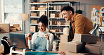 Happy people, winning and logistics with laptop for small business success, order or good news. Excited, woman and man with fist pump or boxes for shipping service, distribution or online review