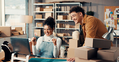 Buy stock photo Happy people, winning and logistics with laptop for small business success, order or good news. Excited, woman and man with fist pump or boxes for shipping service, distribution or online review