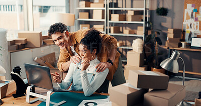 Buy stock photo Team, laptop and business people for supply chain, logistics and excited for online orders. Startup, collaboration and woman with man on computer for distribution success, shipping and inventory